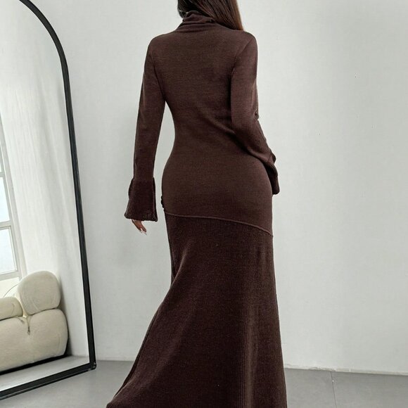 Brown Women's Elegant High Neck Long Floral Sweater Maxi Dress - Picture 3 of 6